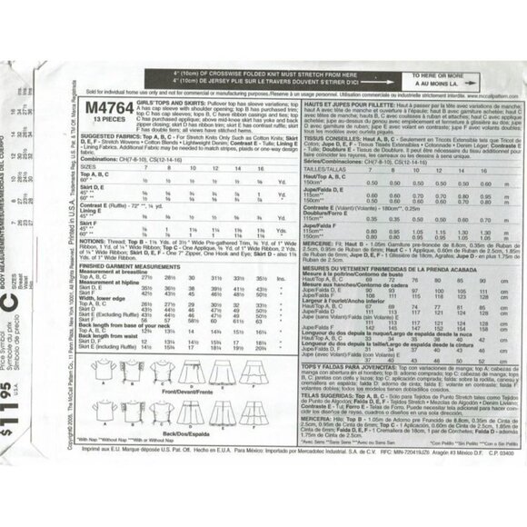 McCalls Sewing Pattern 4764 Top Skirt Girls Size 7-10 - Picture 2 of 2